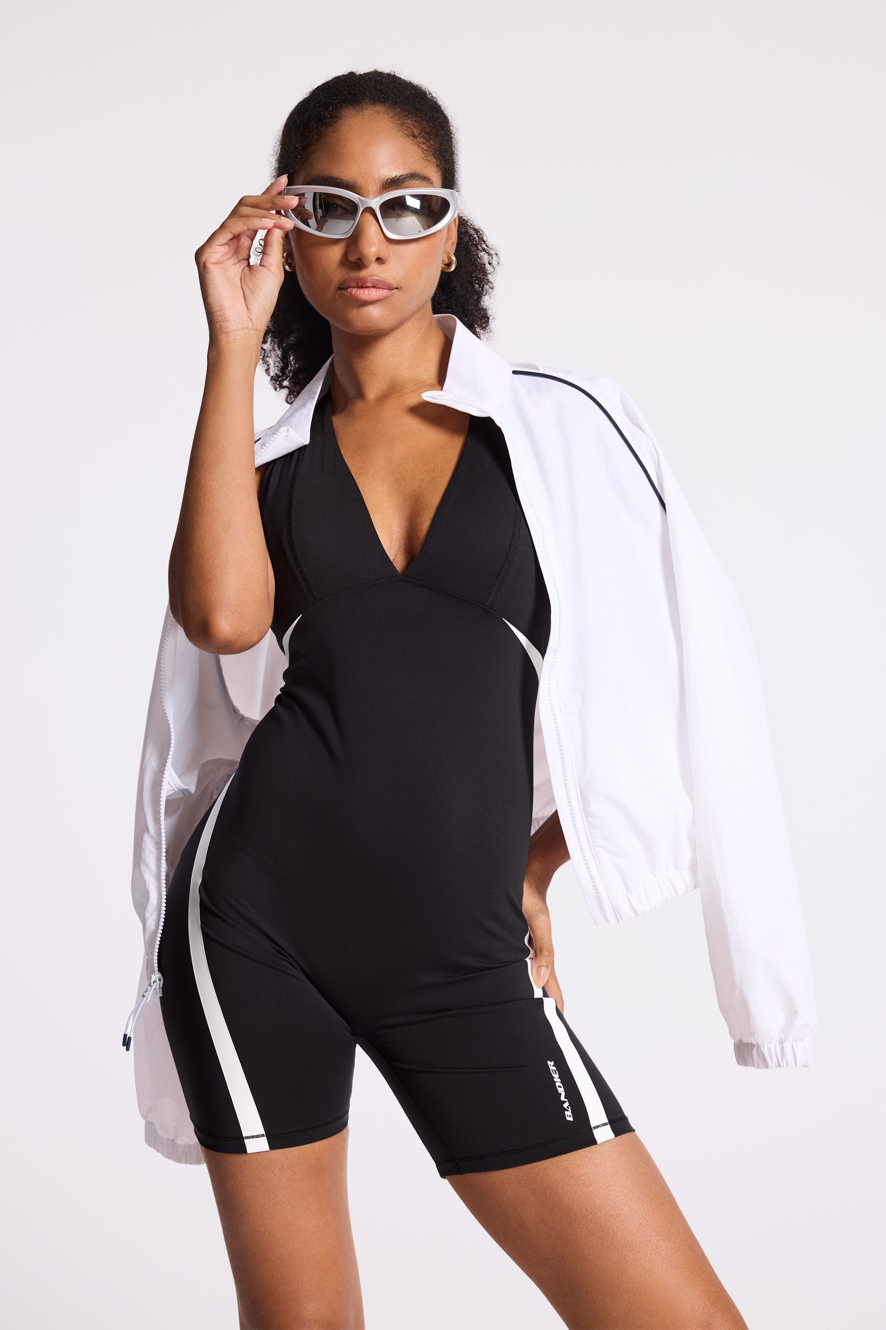 V-Neck Plunge Contrast Short Catsuit - Black/white