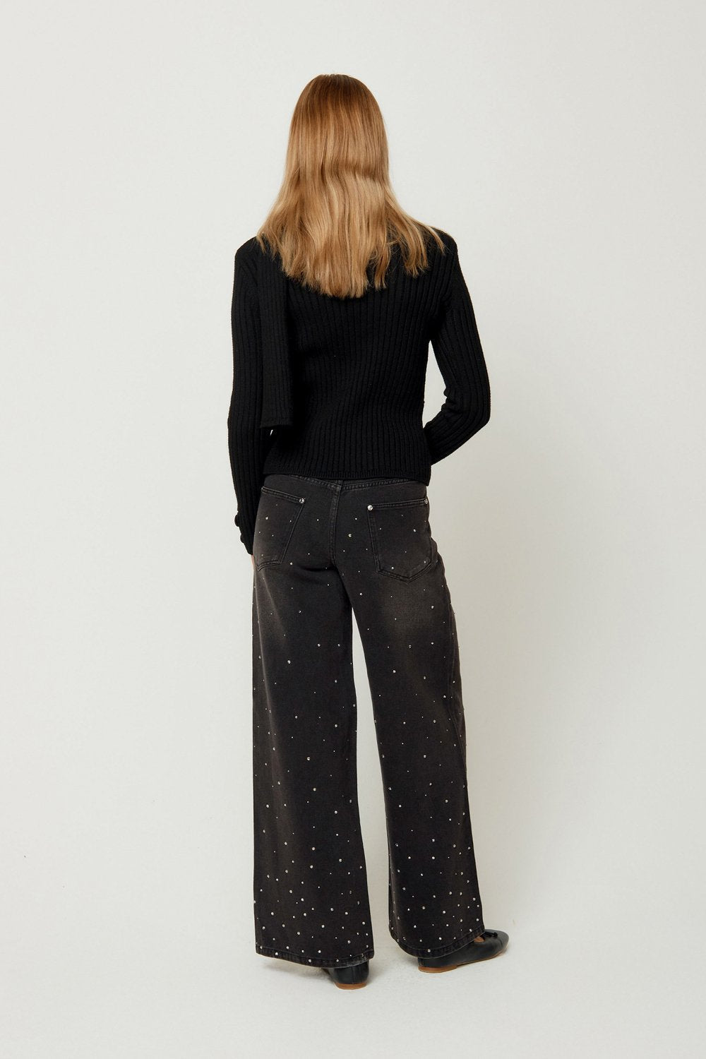 House of Sunny Crystallised Wide Leg Denim - Jet Black