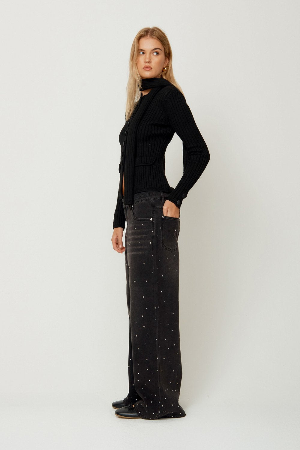 House of Sunny Crystallised Wide Leg Denim - Jet Black