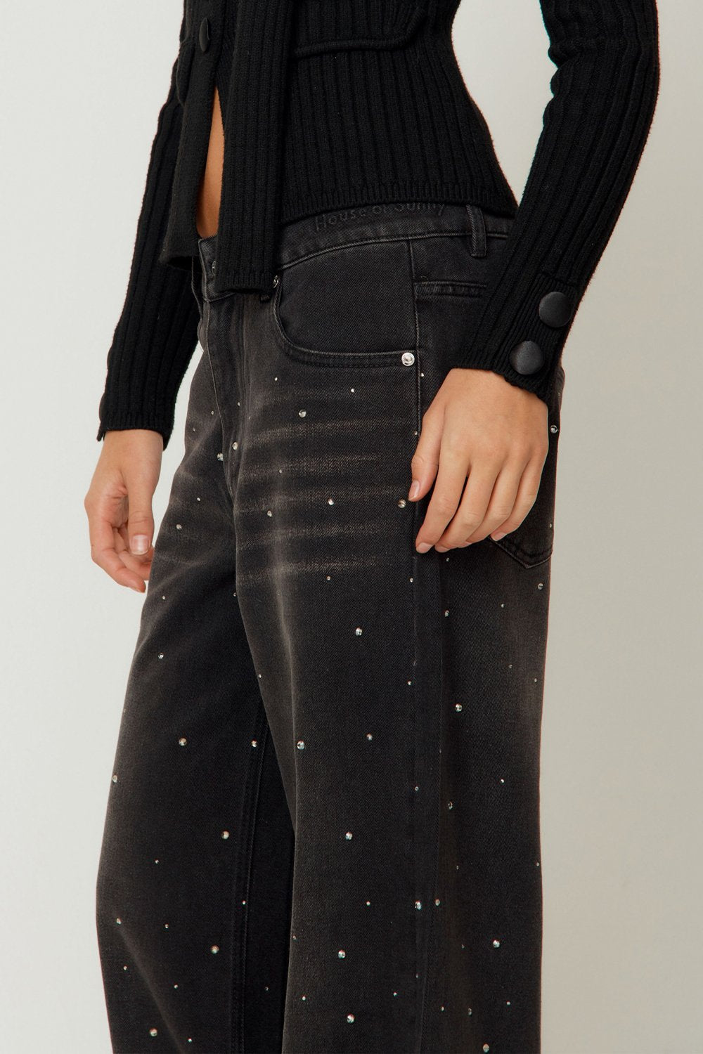 House of Sunny Crystallised Wide Leg Denim - Jet Black
