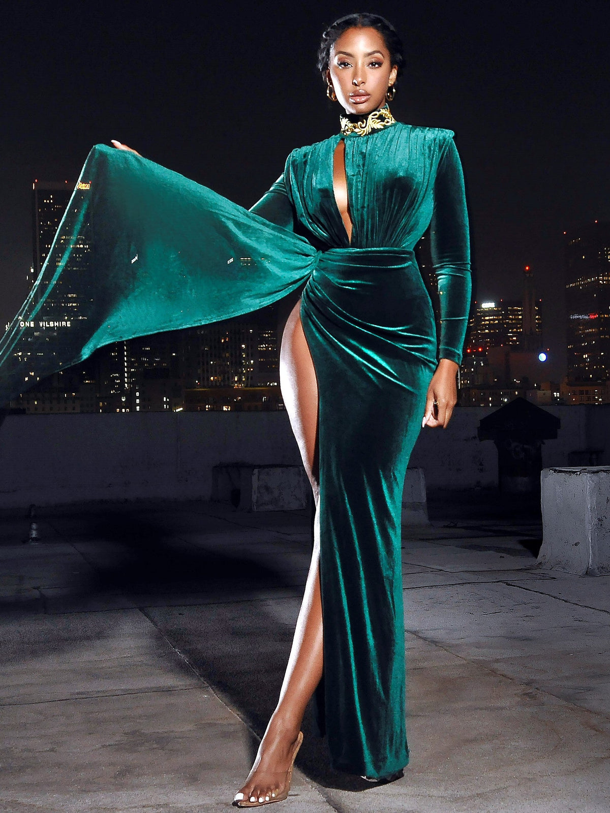 Zenaida Emerald Green Cutout High Slit Velvet Gown (Archive Sale)