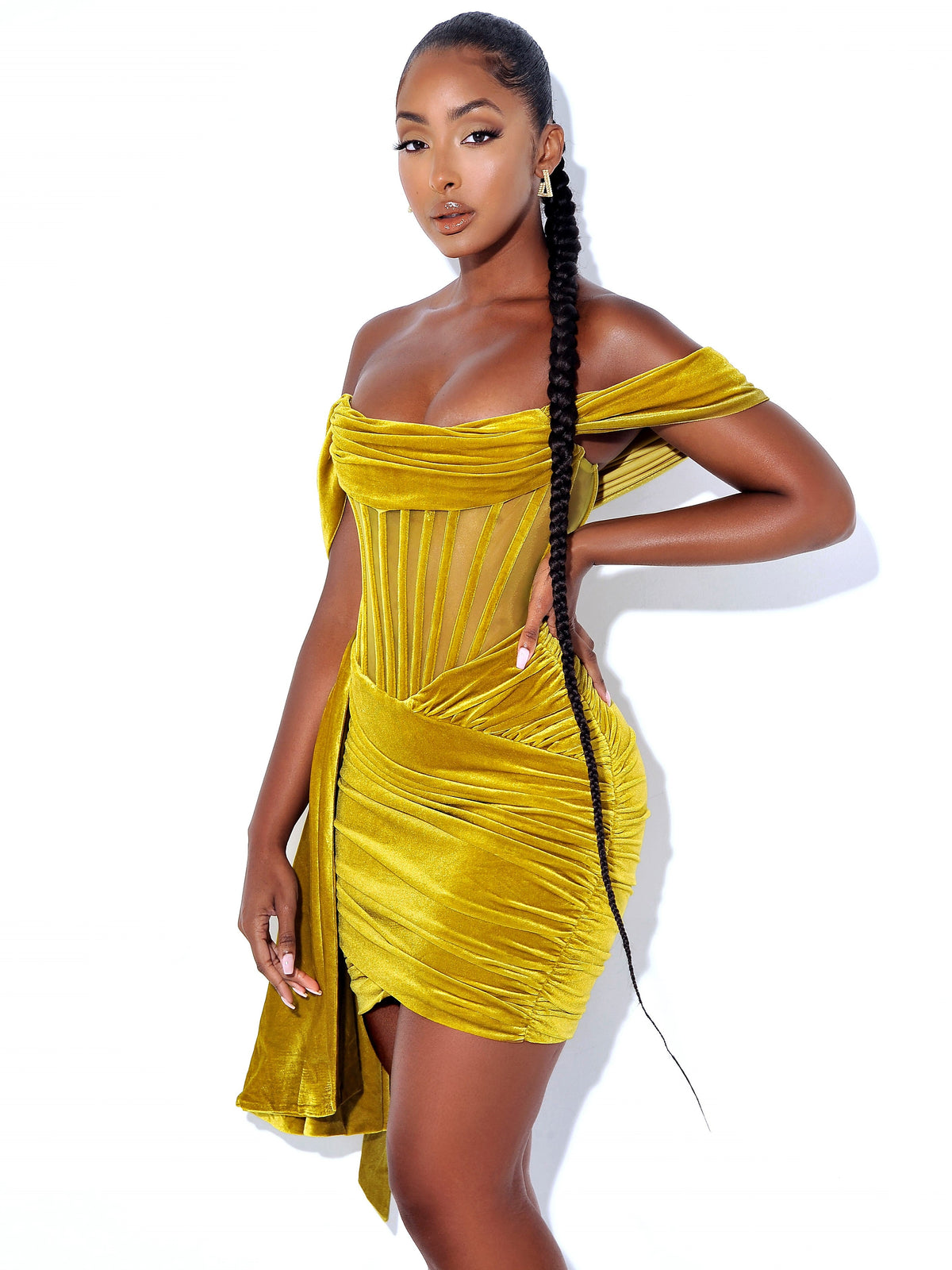 Irisa Gold Draping Off Shoulder Corset Dress (Archive Sale)