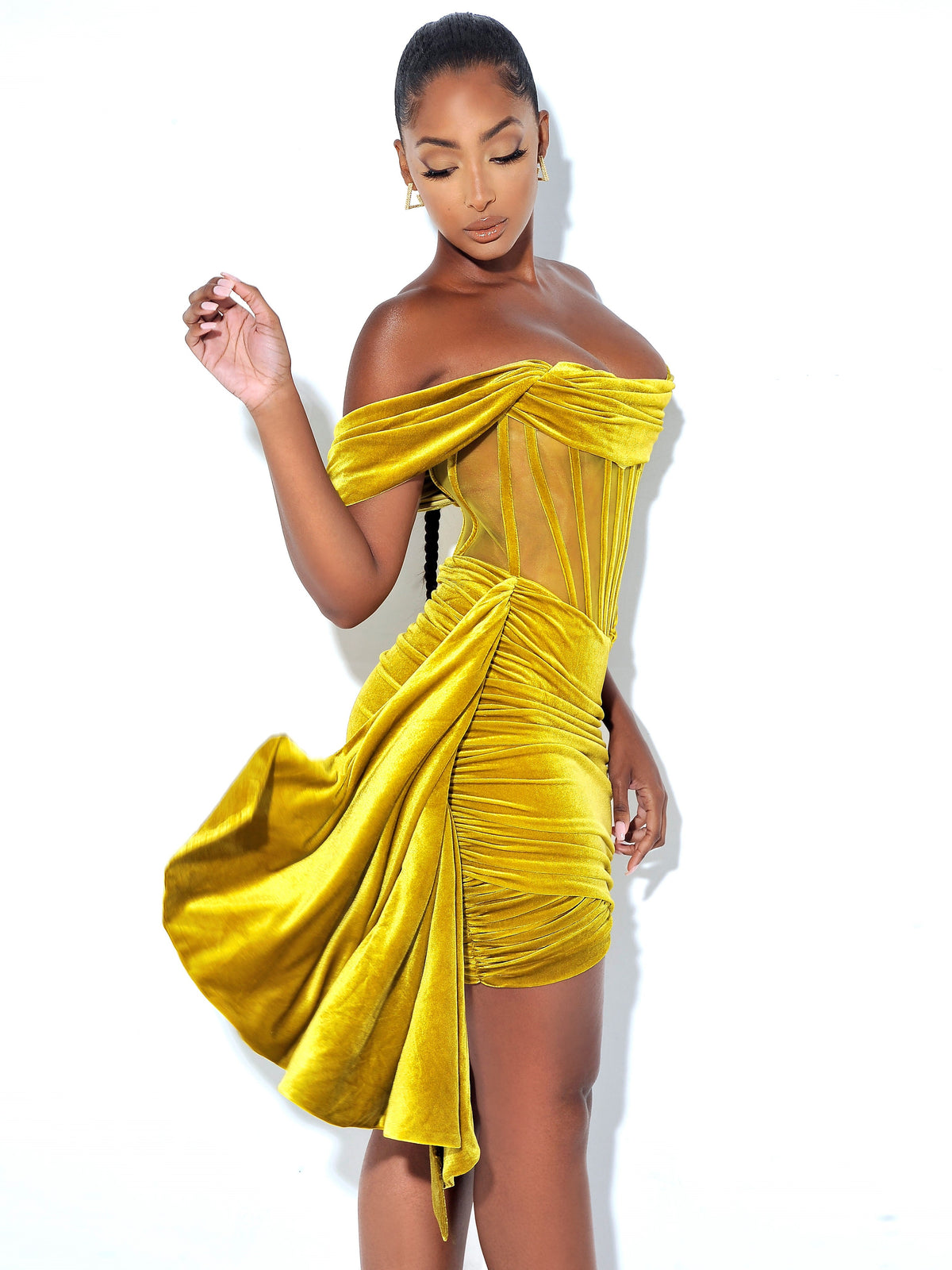 Irisa Gold Draping Off Shoulder Corset Dress (Archive Sale)