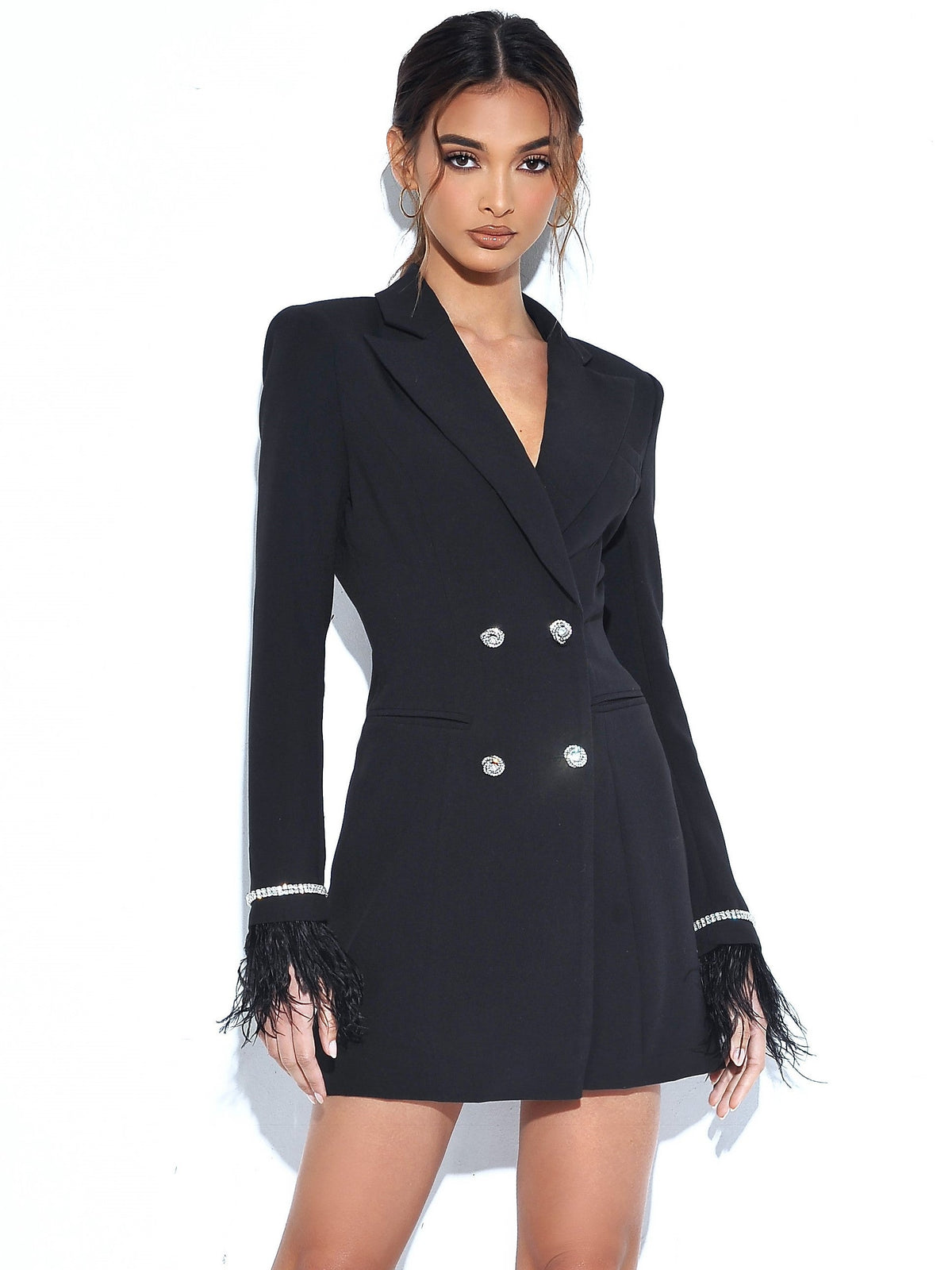 Quilla Black Feather Crystal Sleeve Backless Blazer Dress (Archive Sale)