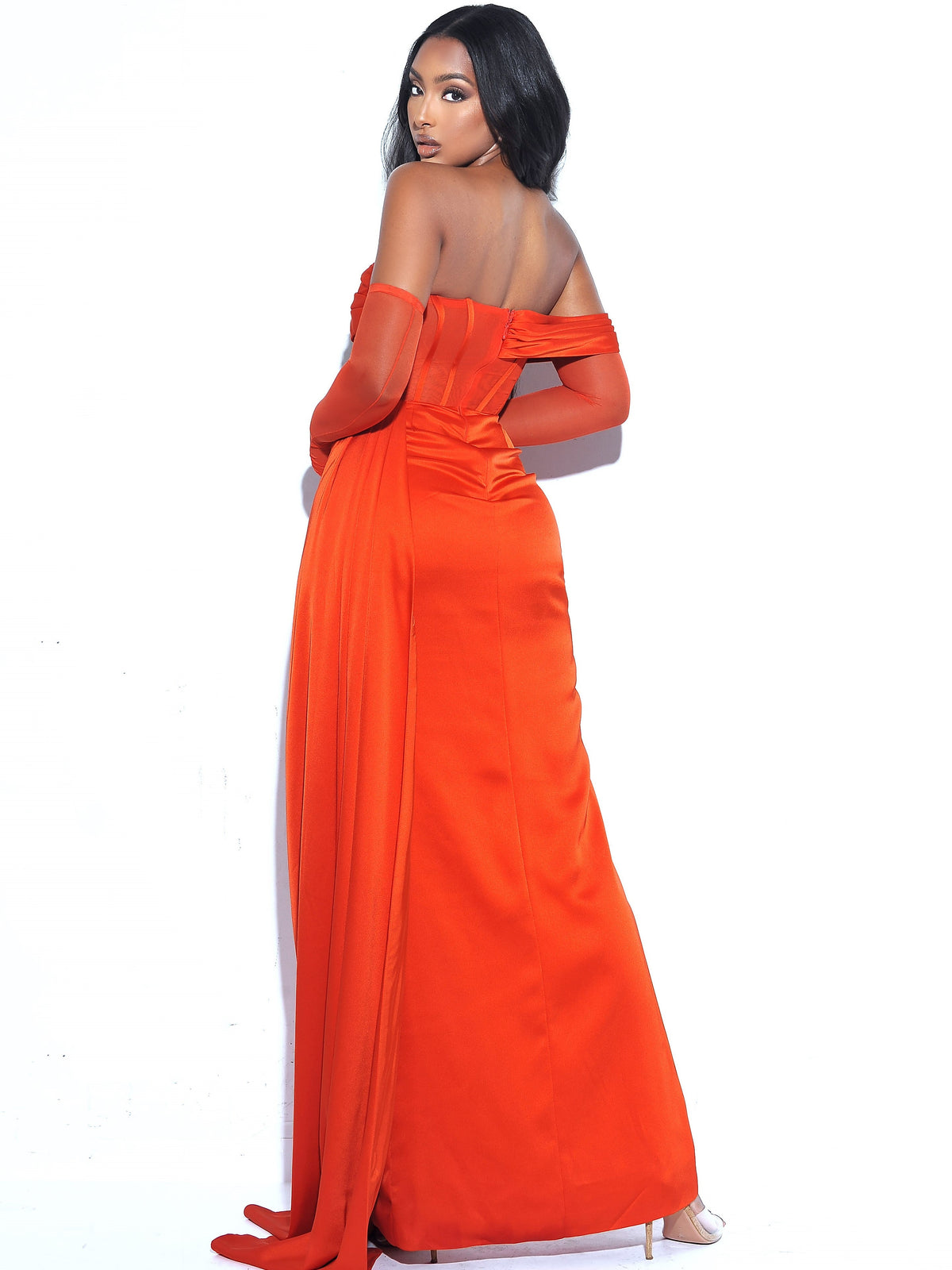 Rebeca Poinciana Satin High Slit Corset Gown (Archive Sale)