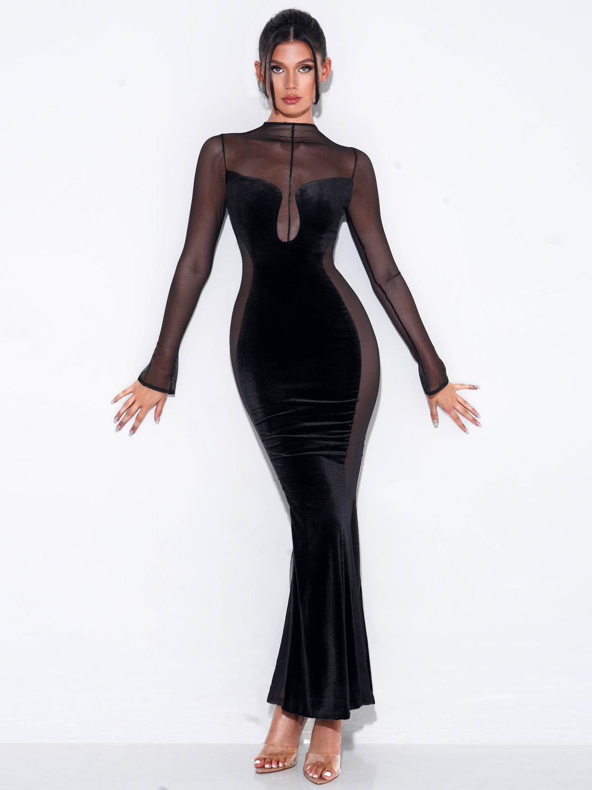 Paislee Black Velvet Mesh Long Sleeve Gown (Archive Sale)