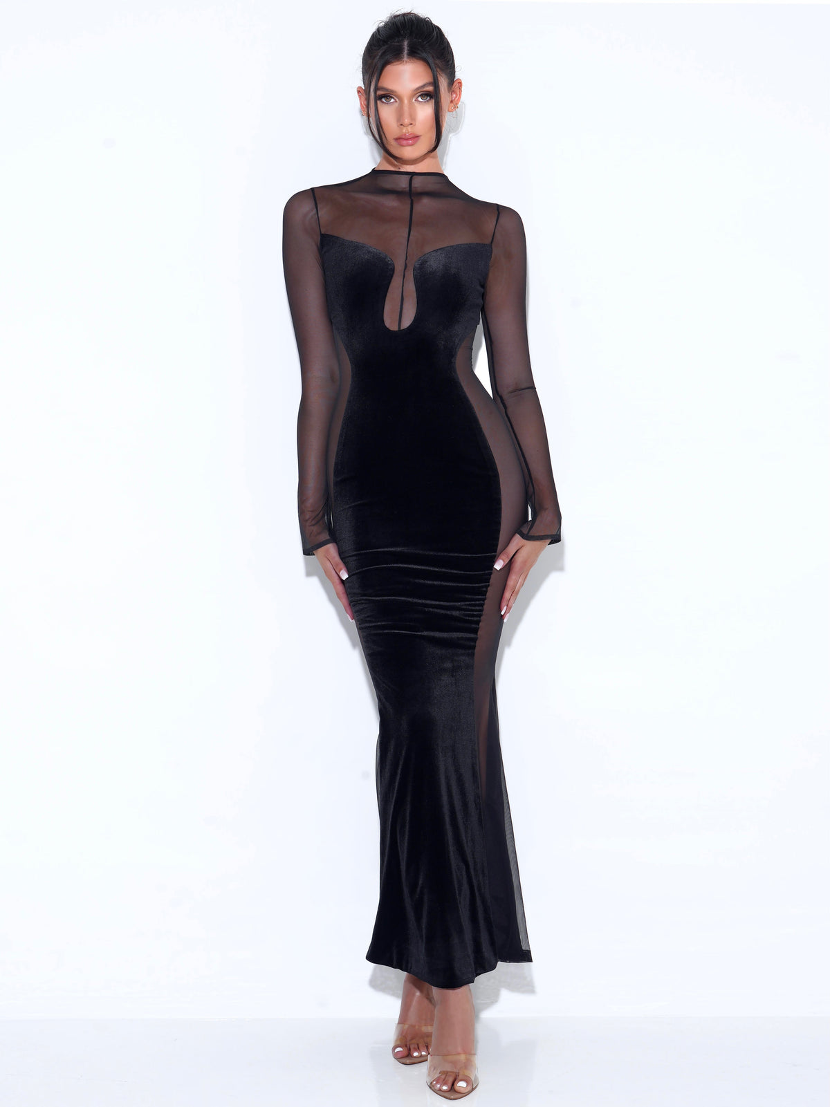 Paislee Black Velvet Mesh Long Sleeve Gown (Archive Sale)