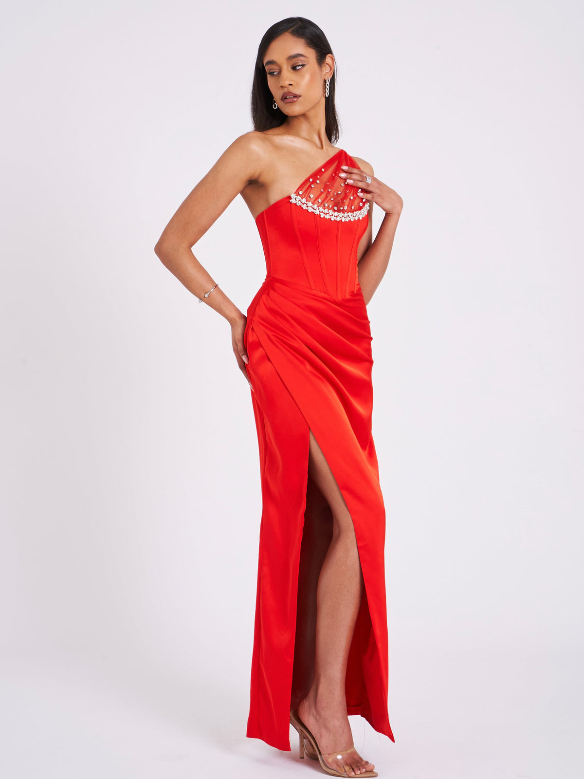 Lora Scarlet Crystal Embellished Mesh Satin Corset Gown (Archive Sale)