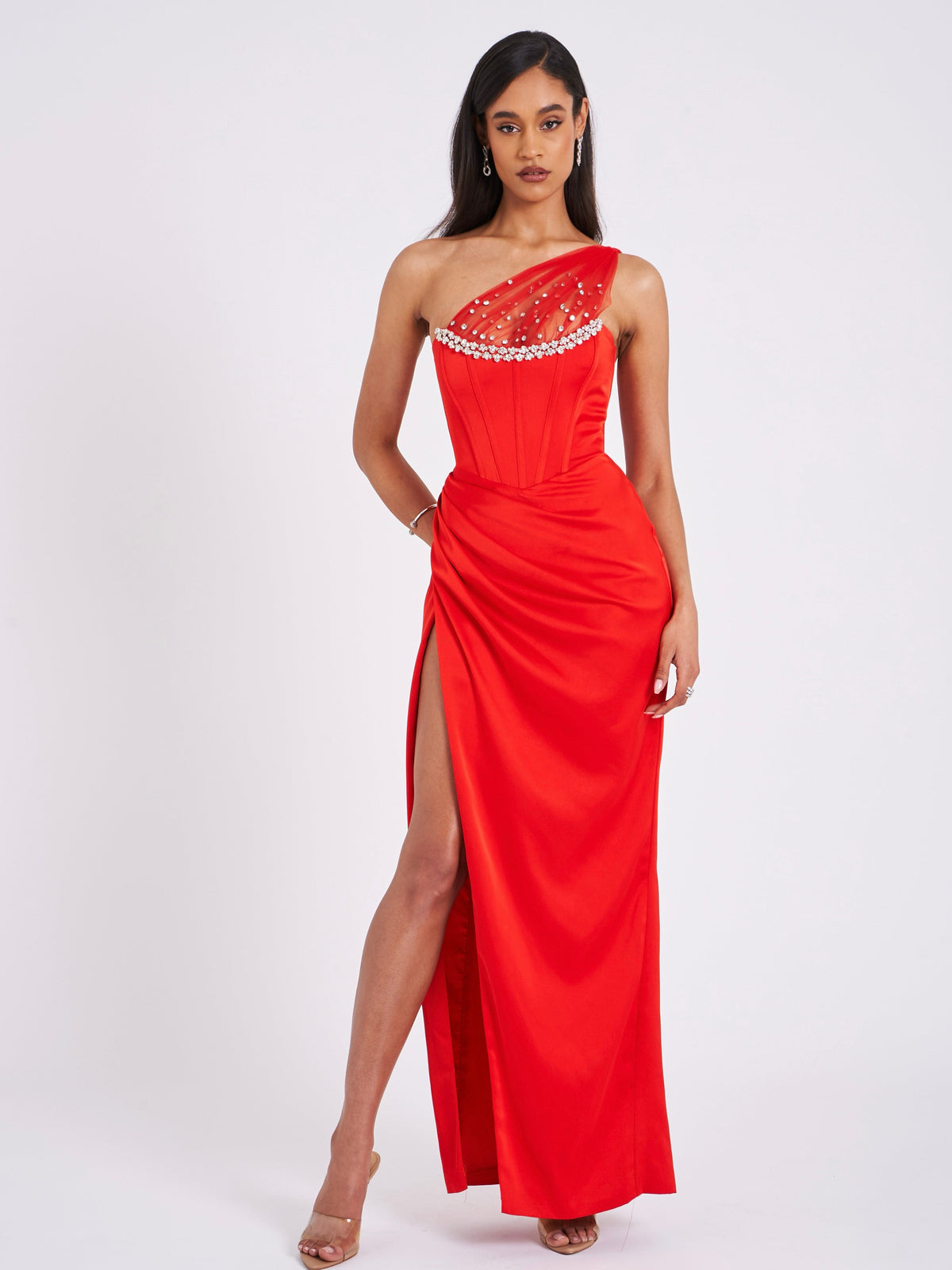 Lora Scarlet Crystal Embellished Mesh Satin Corset Gown (Archive Sale)