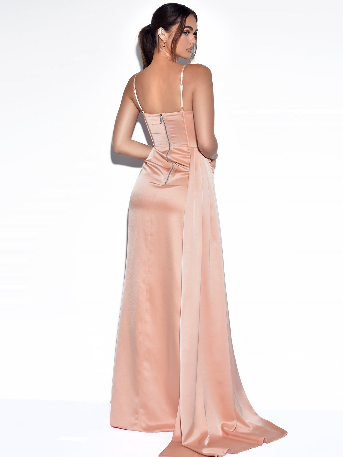 Elayna Blush Strappy Satin Corset High Slit Gown (Archive Sale)