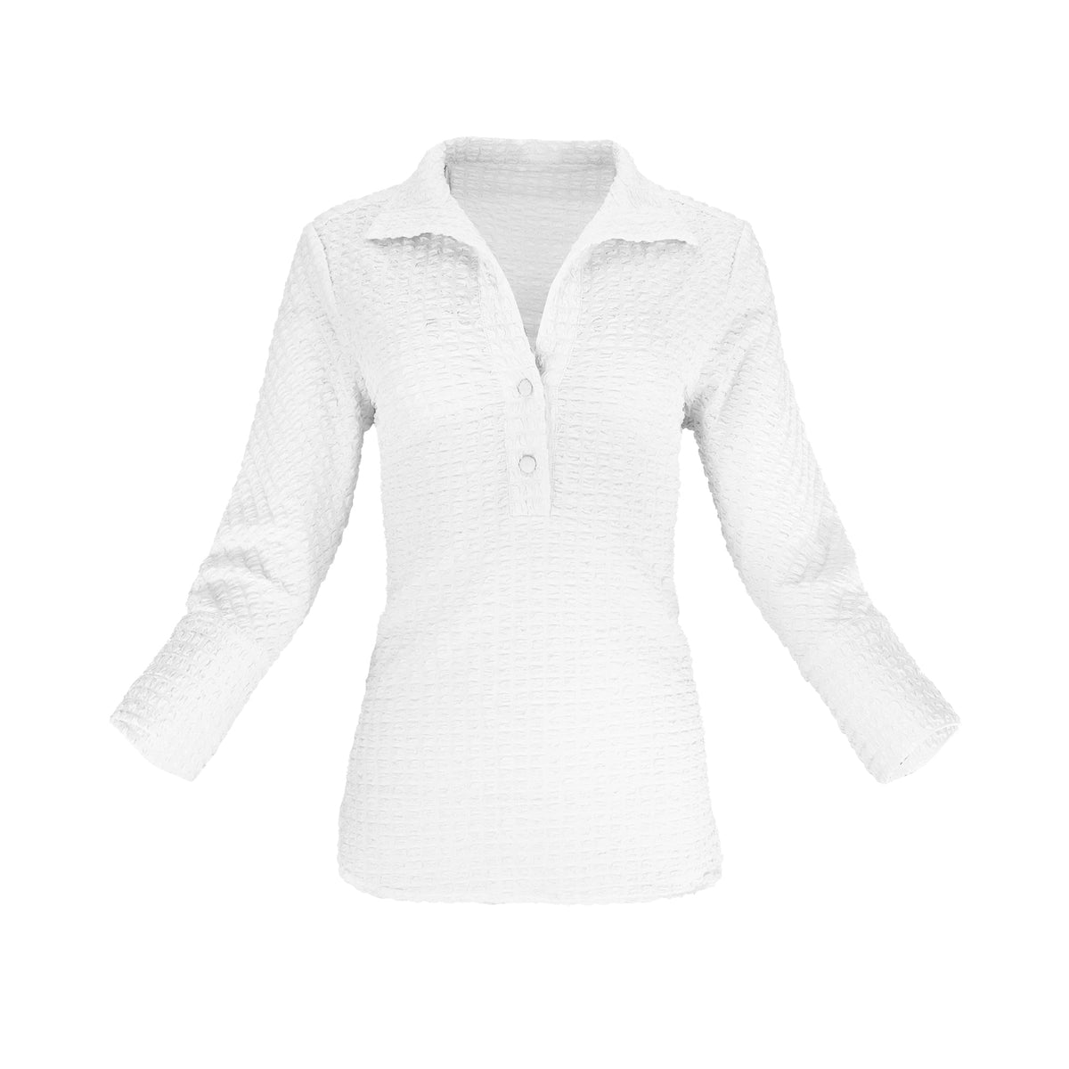 The Gabby Odyssey Check stretch pop-over tunic blouse with textured bubble fabric, collared neckline, long sleeves, front placket, and black Akoya cuff buttons
