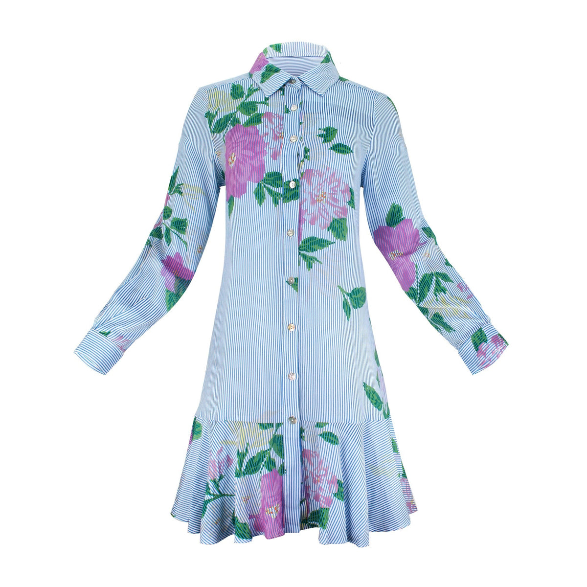 The Galatea floral print cotton challis long sleeve collared button-down knee-length dress with coastal pinstripe detail and full front button closure