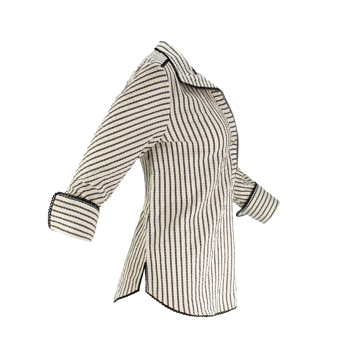 The Ravenna vertical striped collared pop-over tunic top with 3/4 sleeves, button cuffs, and relaxed polished silhouette