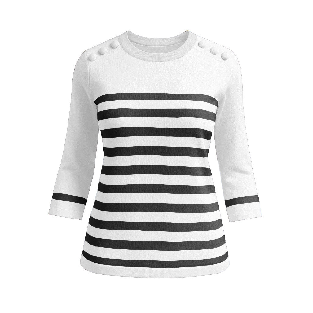 The Voyager nautical striped crew neck sweater top with fitted silhouette, 3/4 sleeves, and decorative shoulder button detailing
