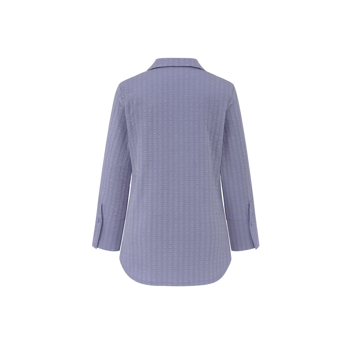 The Gabby Odyssey Check stretch pop-over tunic blouse with textured bubble fabric, collared neckline, long sleeves, front placket, and black Akoya cuff buttons