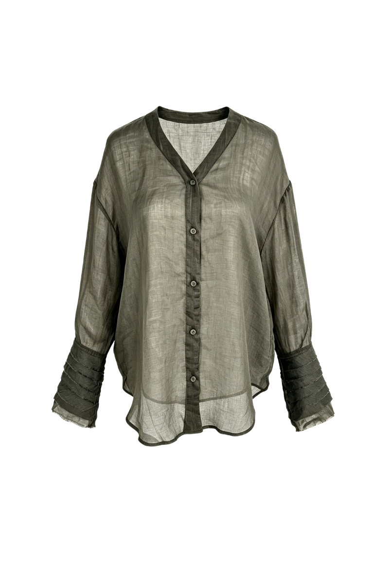 Max Simple Ramie Flutter-Sleeve Shirt Forest Green MSDP262510F