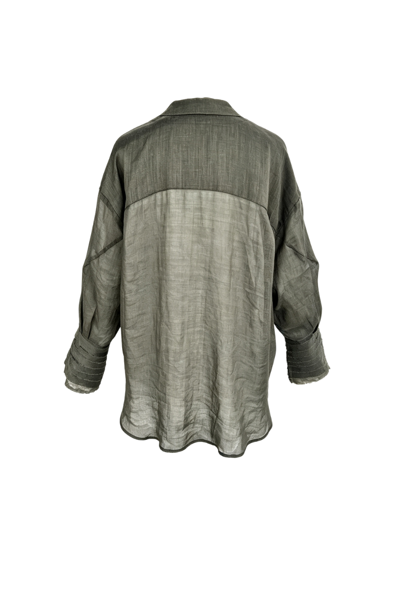 Max Simple Ramie Flutter-Sleeve Shirt Forest Green MSDP262510F
