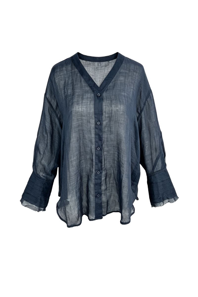 Max Simple Ramie Flutter-Sleeve Shirt Navy MSDP262510N