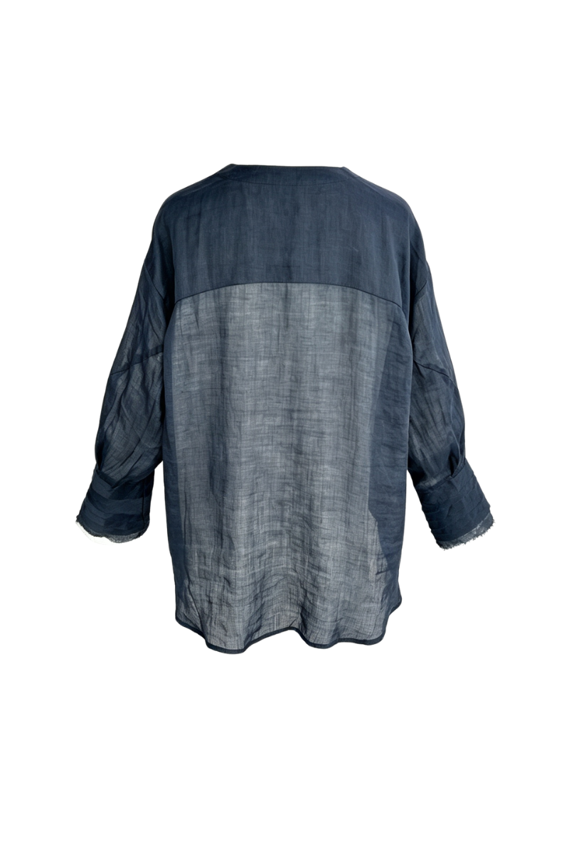 Max Simple Ramie Flutter-Sleeve Shirt Navy MSDP262510N
