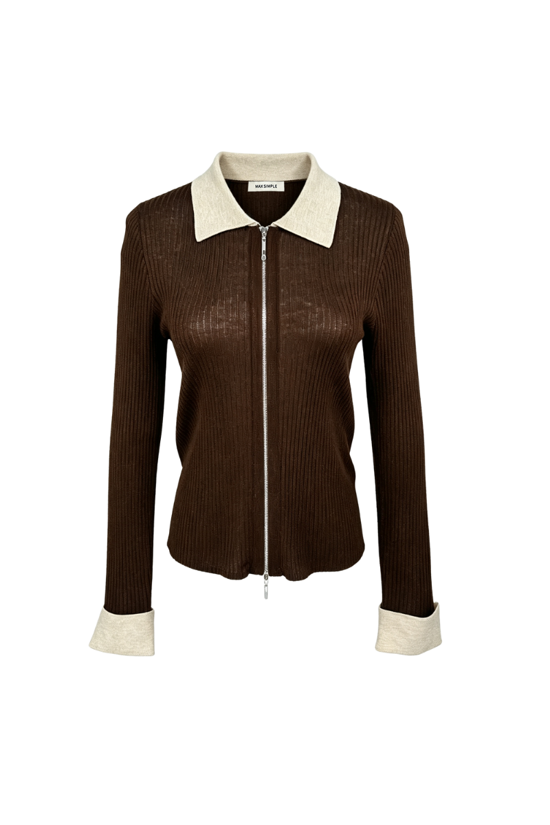Max Simple Contrast Zip Top Coffee MSJJ266047C