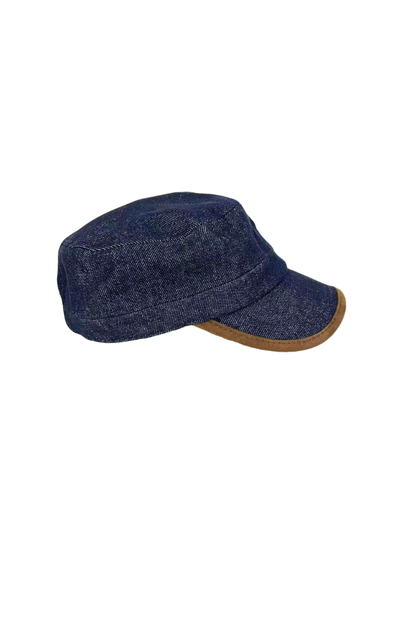 Max Simple Leather-Trimmed Military Cap Denim Blue MSKX260031D