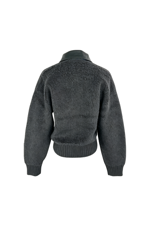 Max Simple Leather-Trimmed Boucle Zip Jacket Charcoal MSKY265219C