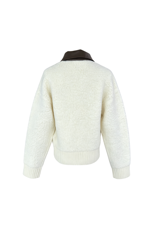 Max Simple Leather-Trimmed Boucle Zip Jacket White MSKY265219W