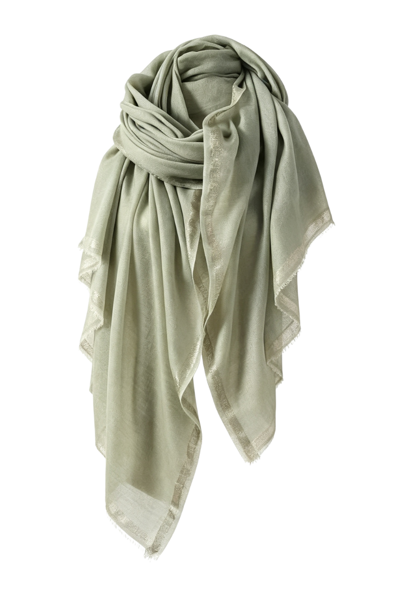 Max Simple Gold-Trimmed Wool Scarf Mossy Green MSRX264001M