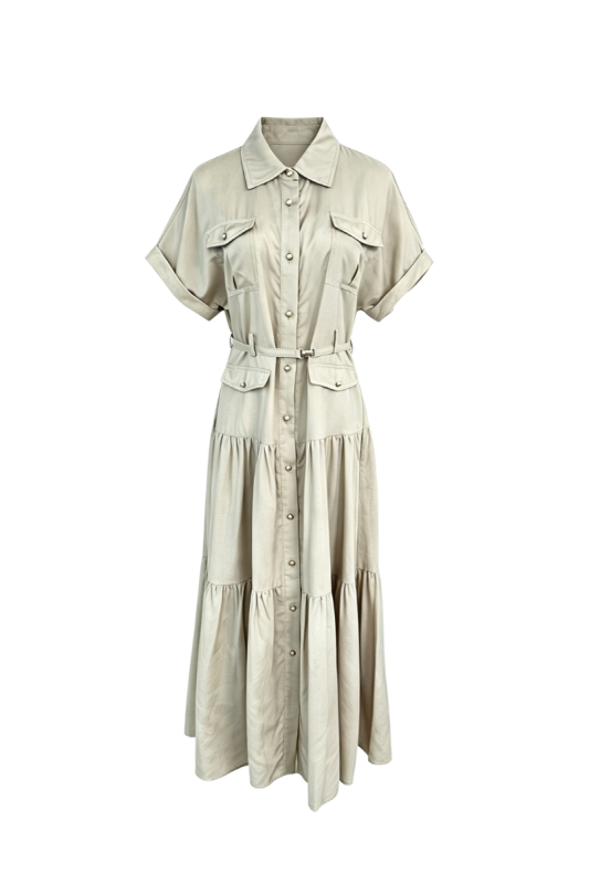 Max Simple Belted Dress With Patch Pockets Khaki MSXS260590K