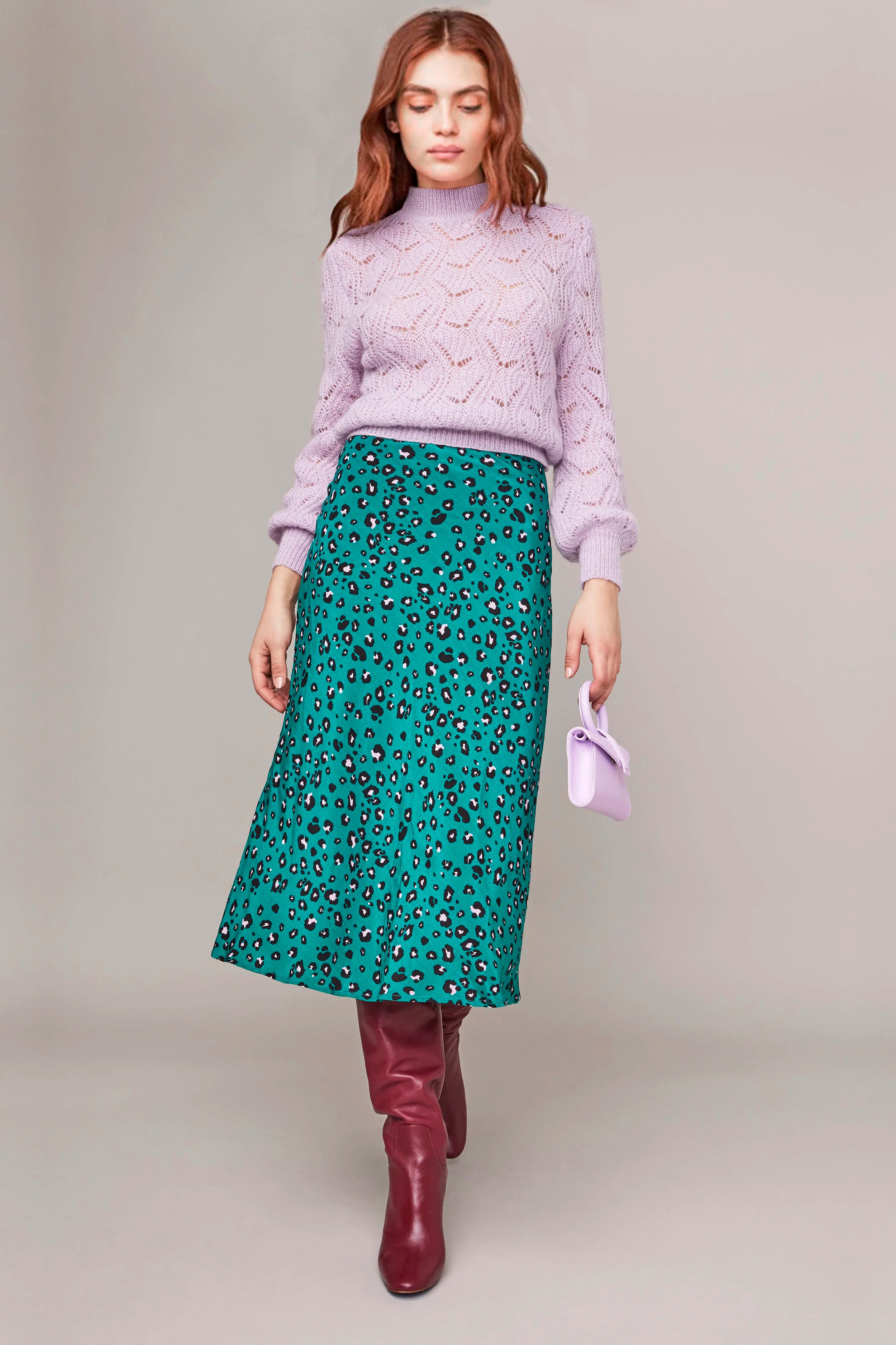 ASTR the Label Pamela Midi Skirt - Green Lilac Leopard