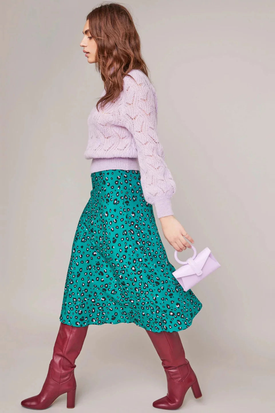 ASTR the Label Pamela Midi Skirt - Green Lilac Leopard