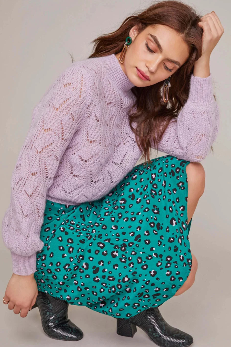 ASTR the Label Pamela Midi Skirt - Green Lilac Leopard