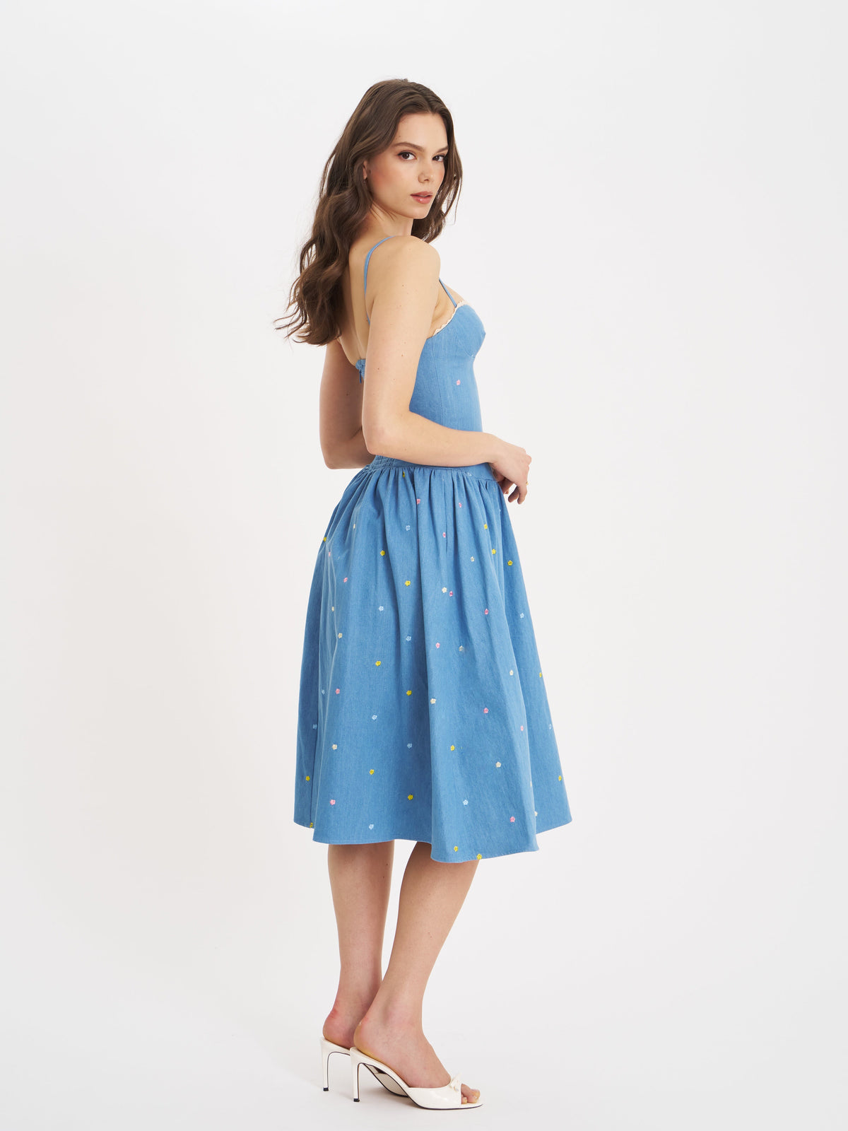 Zadie Cotton Denim Drop Waist Embroidery Flower Midi Dress (Archive Sale)