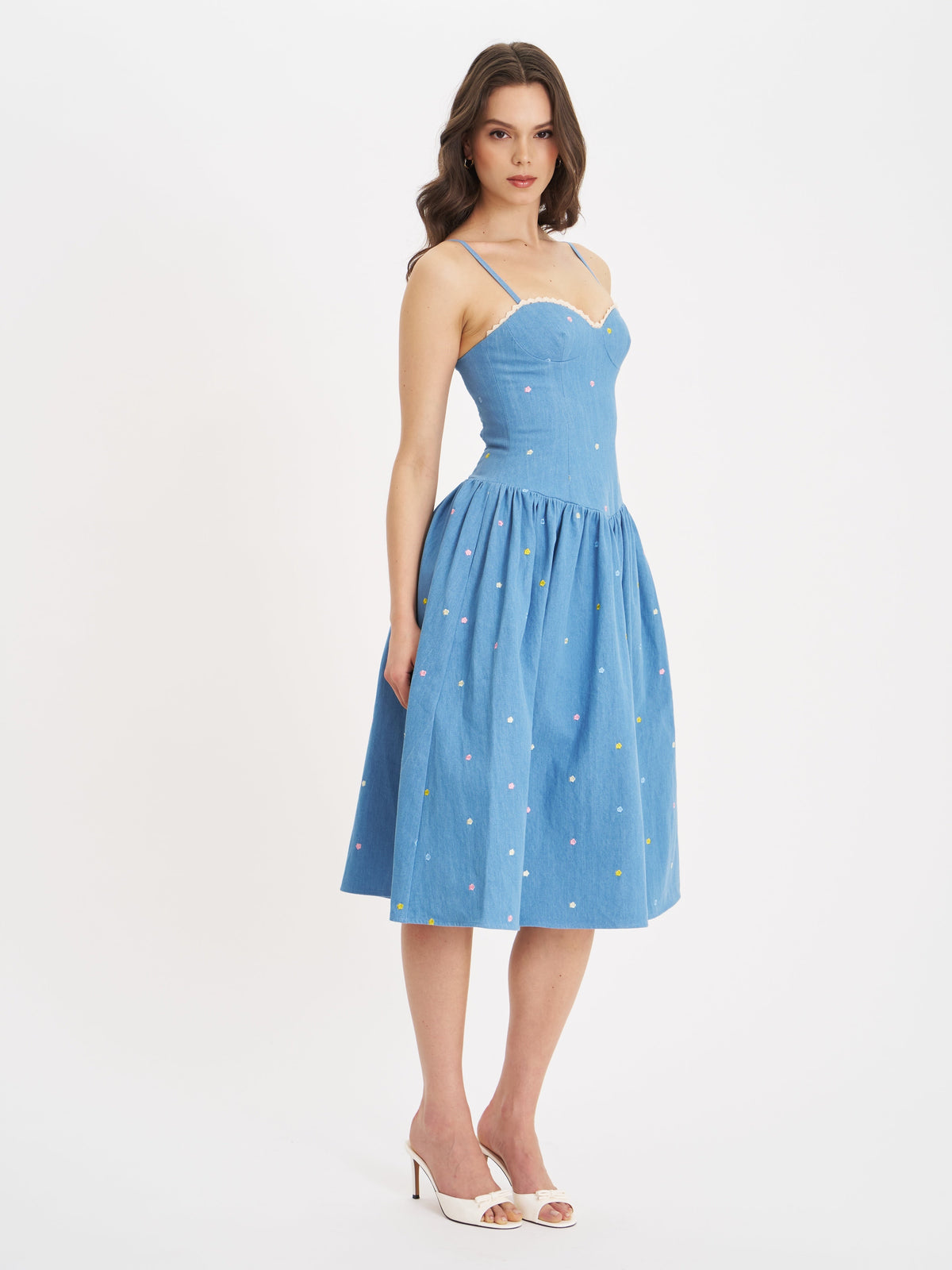 Zadie Cotton Denim Drop Waist Embroidery Flower Midi Dress (Archive Sale)