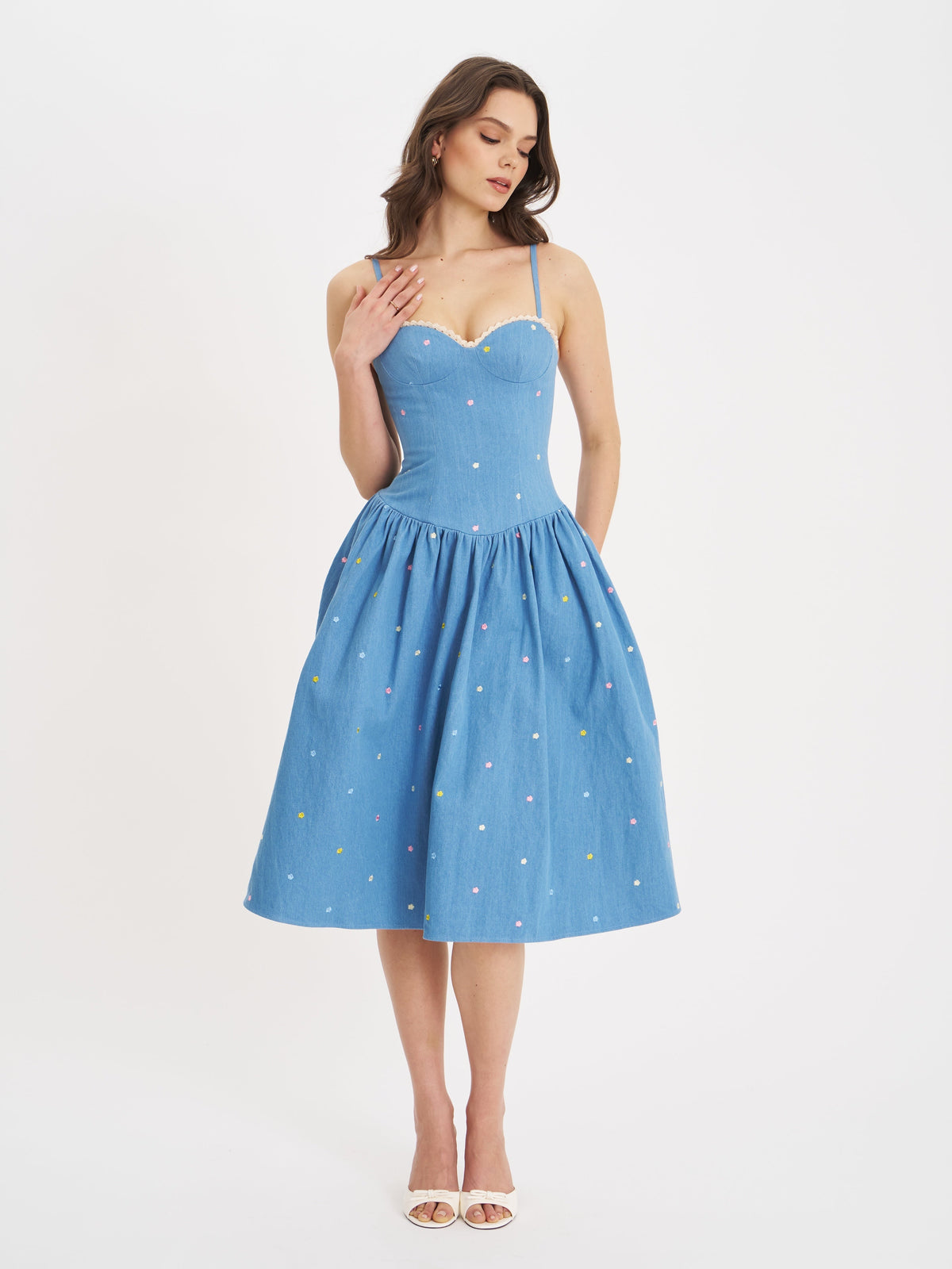 Zadie Cotton Denim Drop Waist Embroidery Flower Midi Dress (Archive Sale)