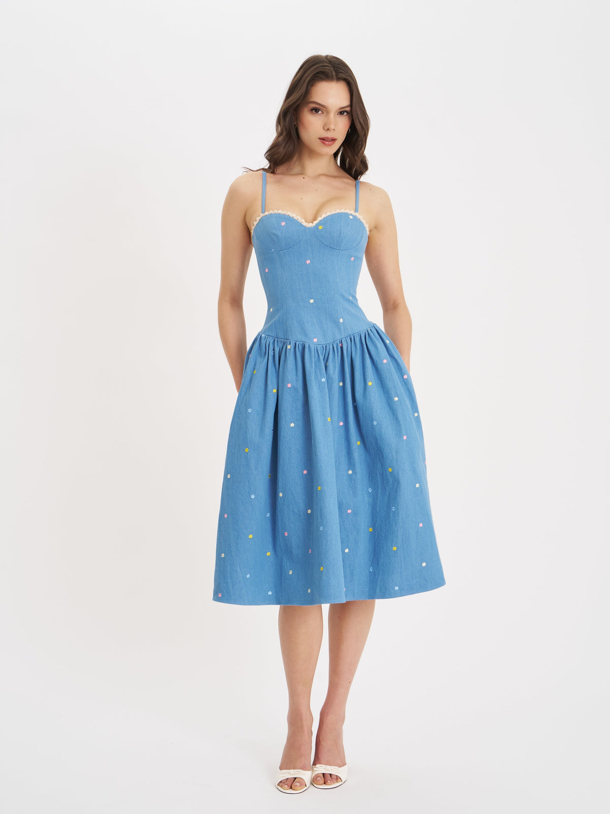 Zadie Cotton Denim Drop Waist Embroidery Flower Midi Dress (Archive Sale)