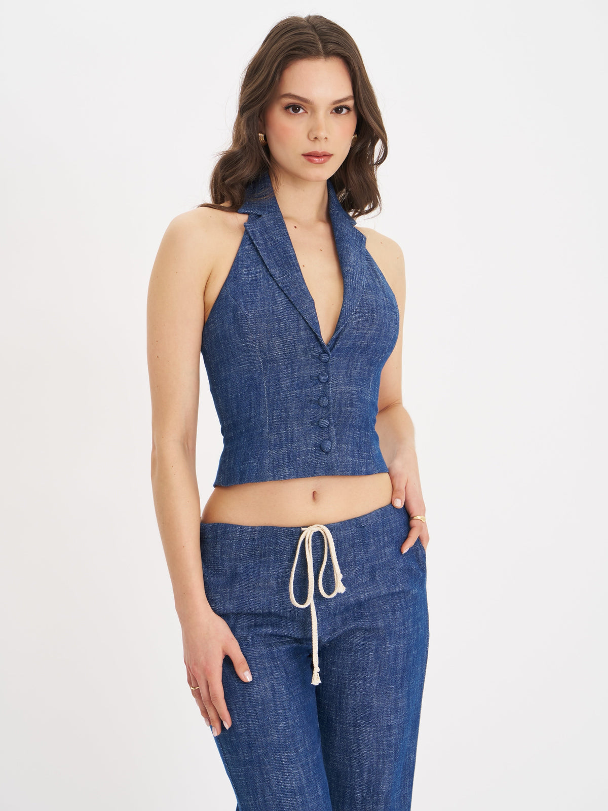 Rafaella Navy Cotton Denim Halter Lapel Top