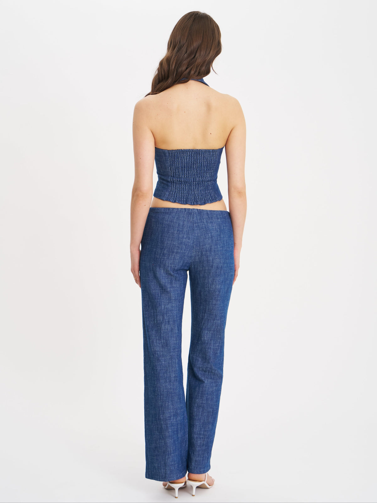 Rafaella Navy Cotton Denim Halter Lapel Top