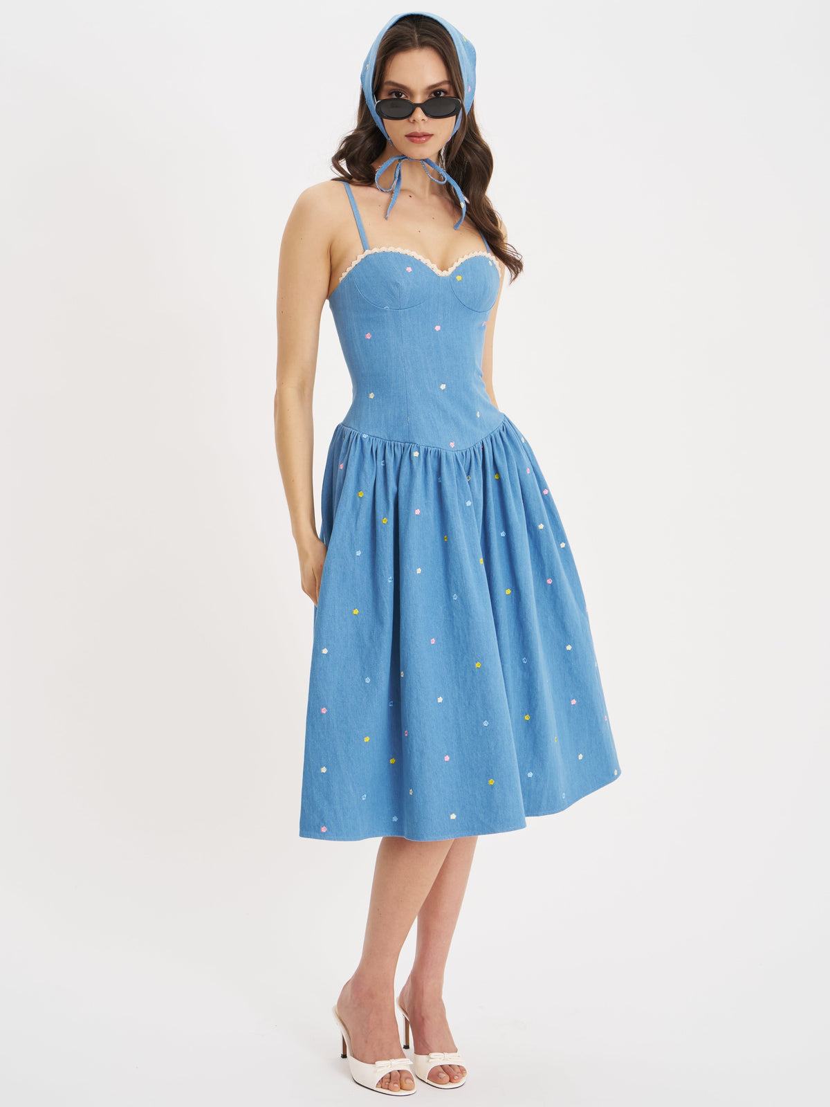 Zadie Cotton Denim Drop Waist Embroidery Flower Midi Dress (Archive Sale)