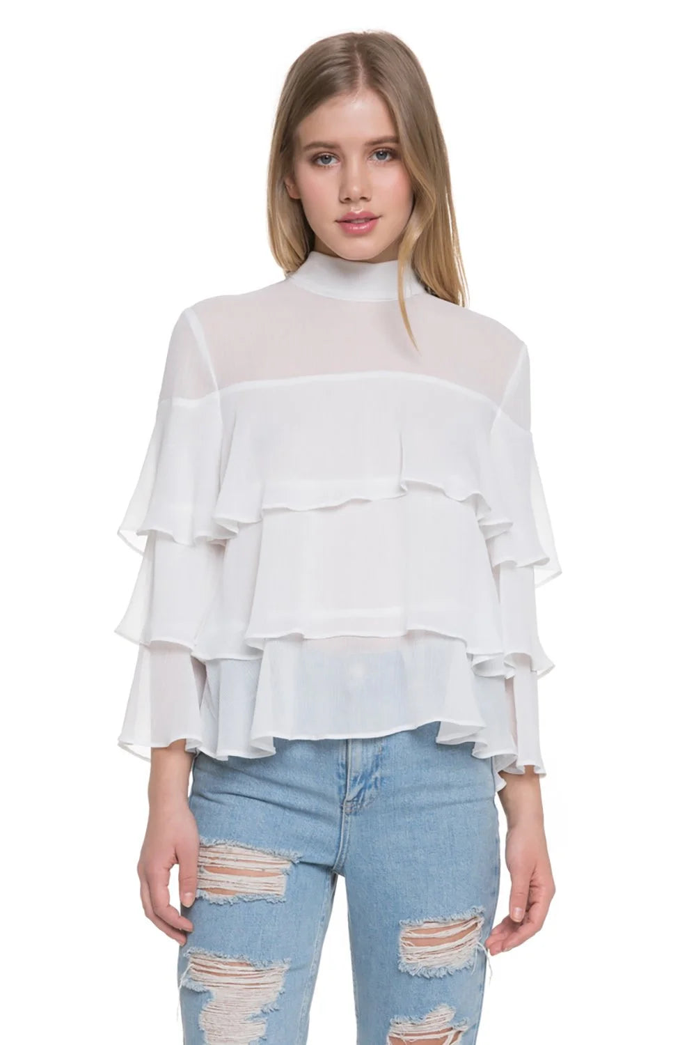 Endless Rose Semi High Neck Top With Flared Sleeves - Ivory