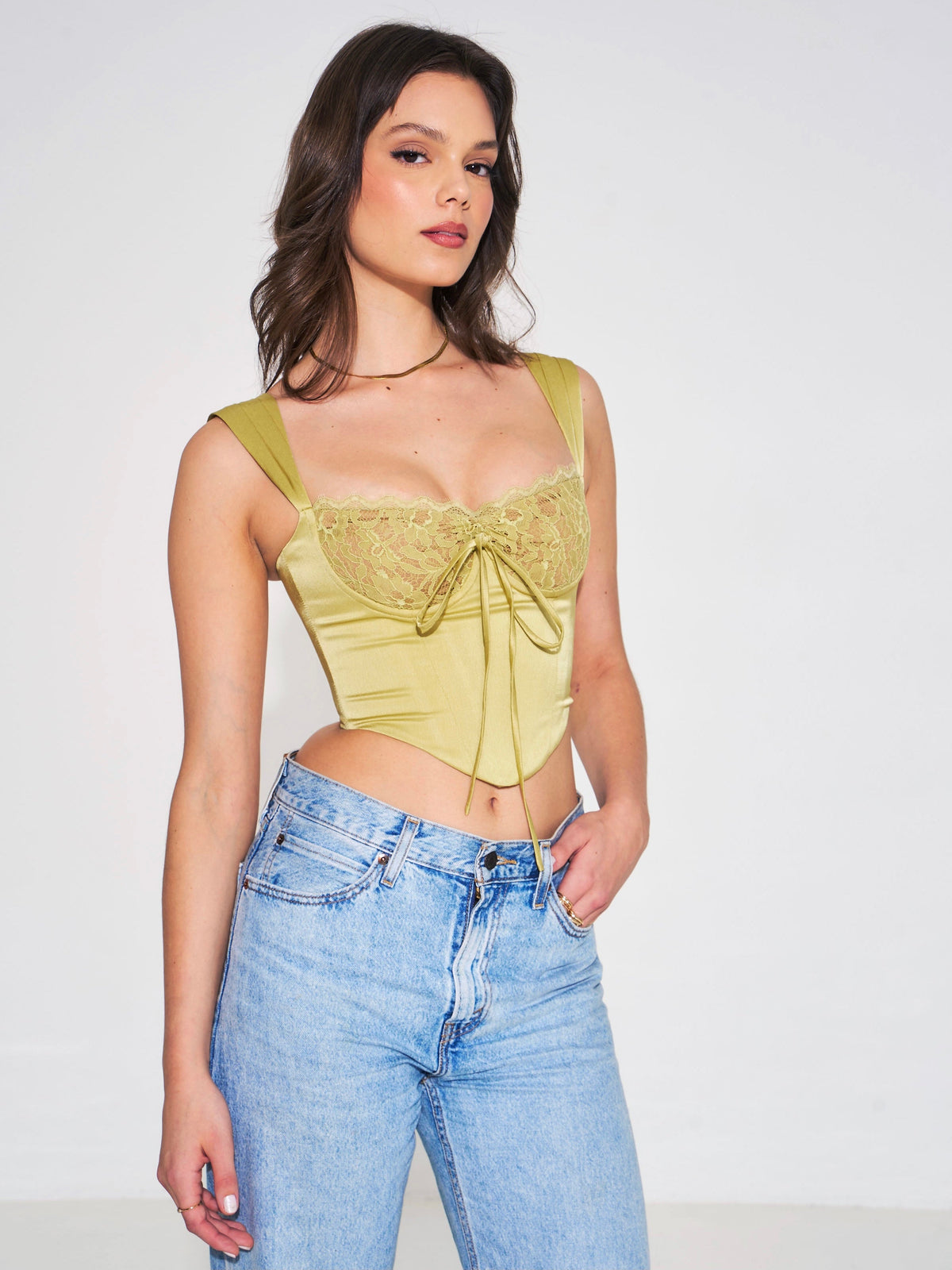 Everly Olive Lace Satin Corset Top (Archive Sale)