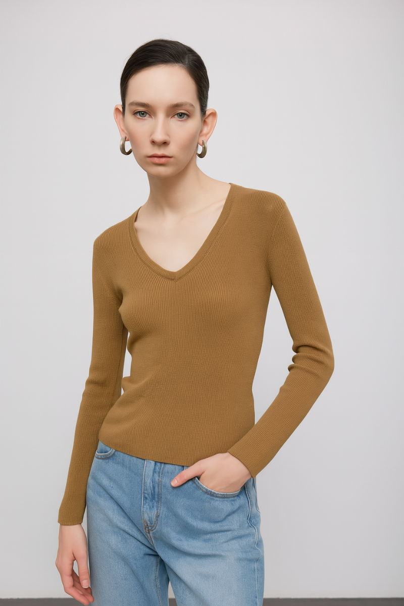 Max Simple V Neck Wool Sweater Camel