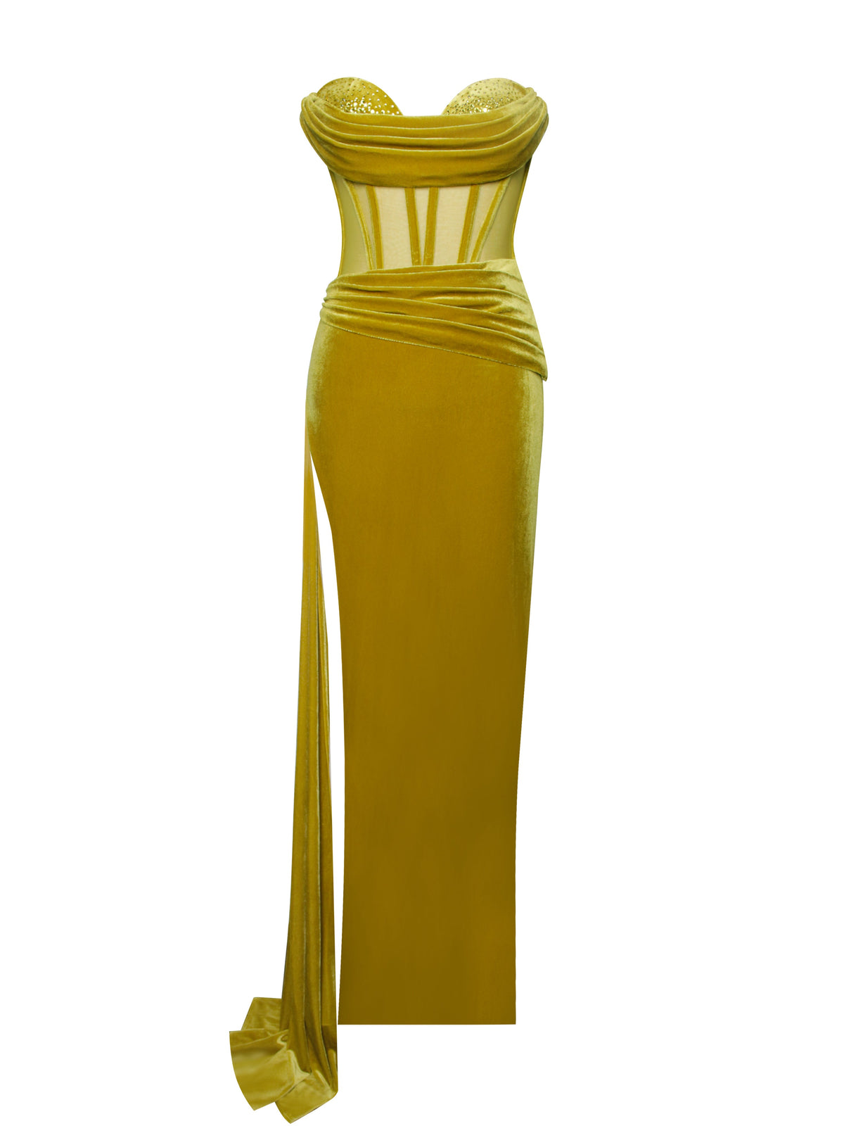 Octavia Gold Draping Crystal Corset High Slit Velvet Gown (Archive Sale)