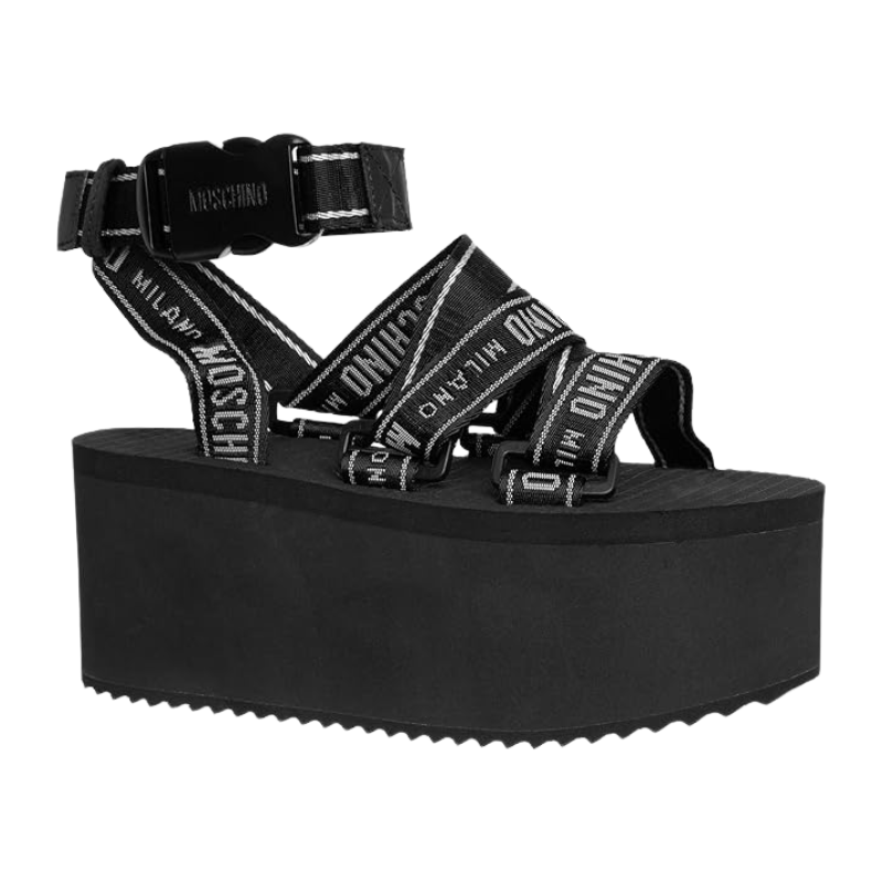 Moschino Logo Tape Wedge Sandals (Pink/Black & Black/White)