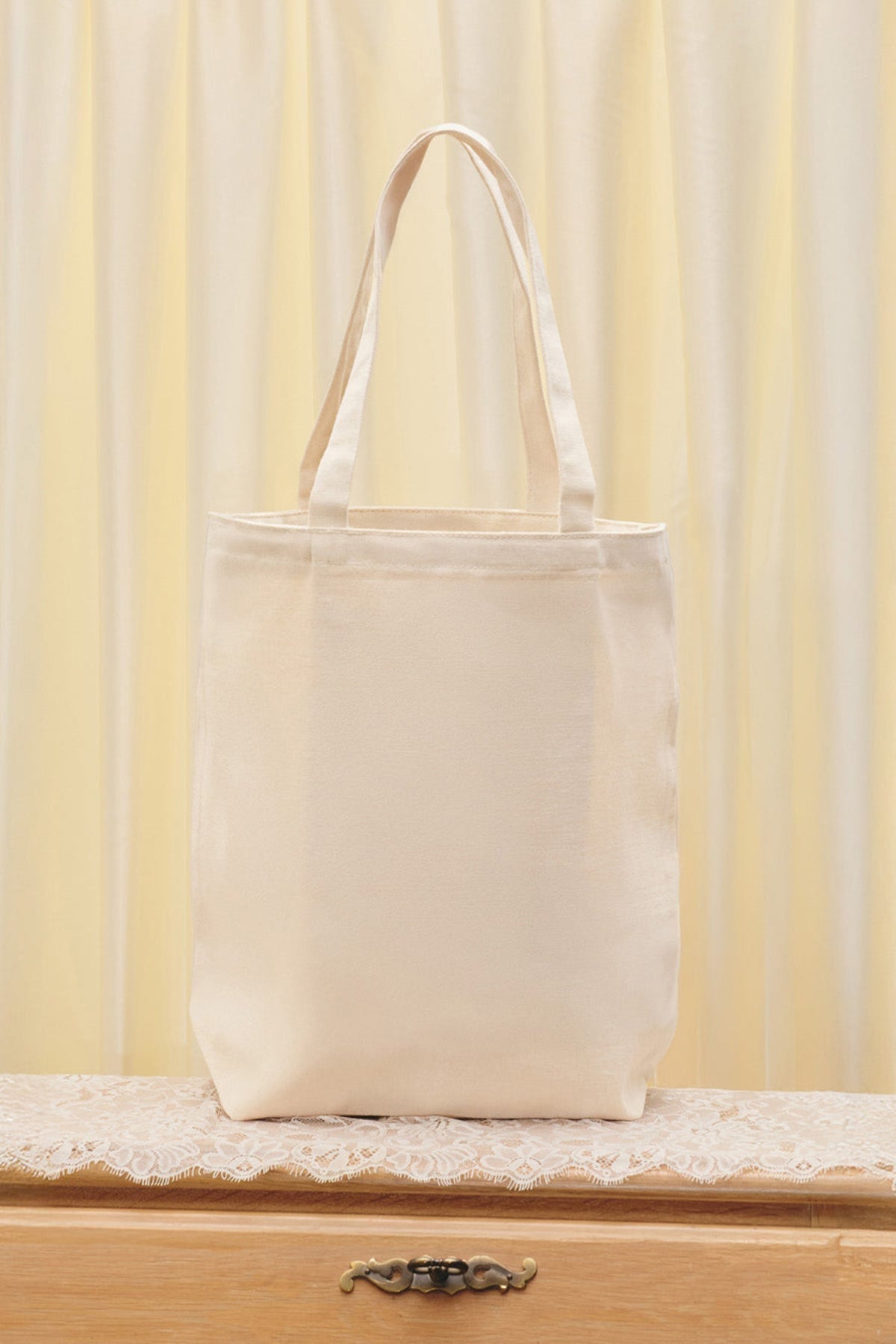 Du & Berry plain beige Cotton Tote Bag with long handles displayed on wooden surface