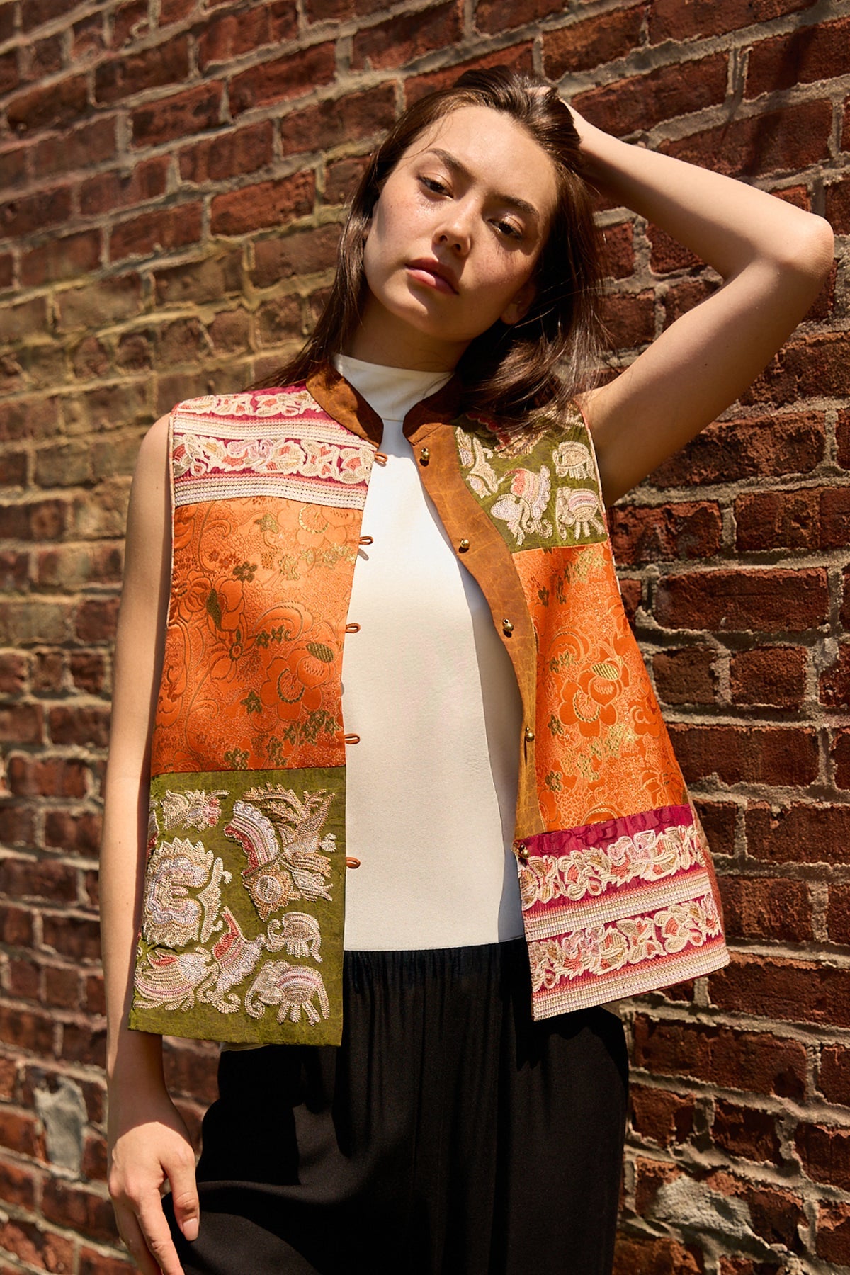 Du & Berry Embroidery Mulberry Silk Vest with floral patterns worn over a white top