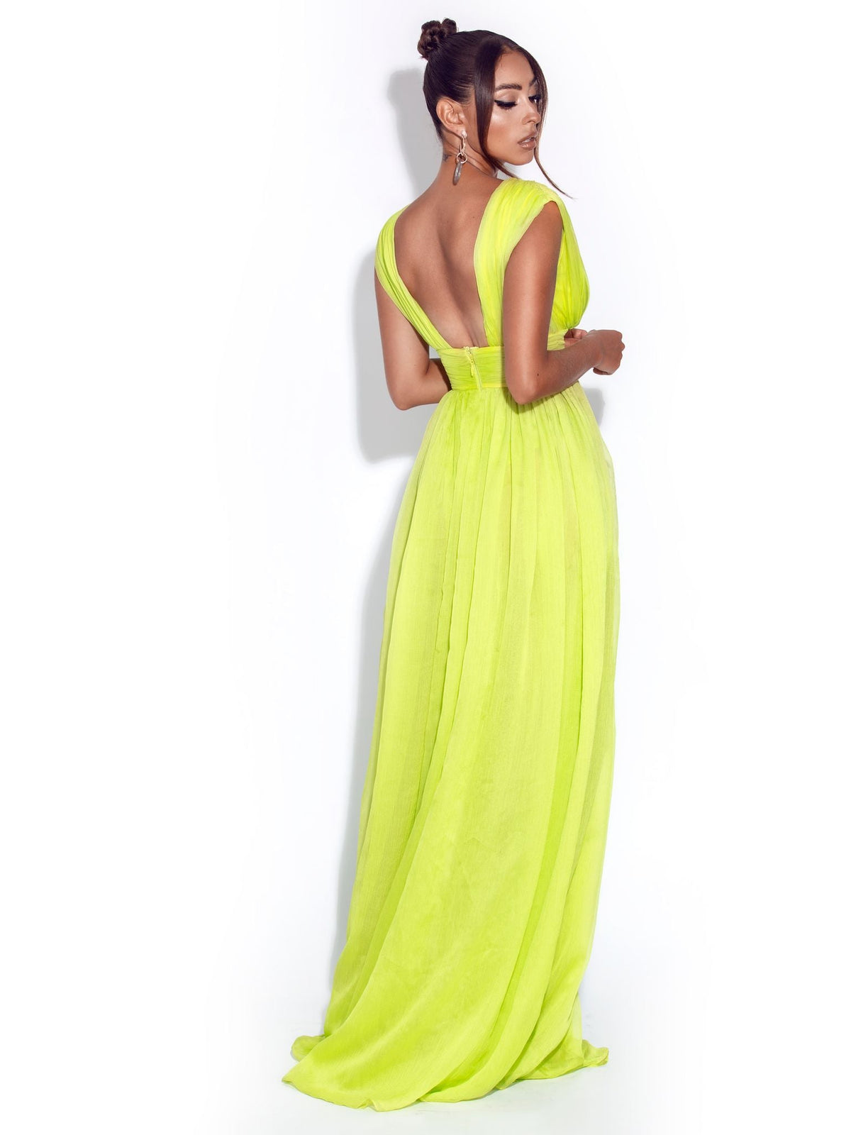 Valley Of Angels Lime Chiffon Pleated High Slit Maxi Dress (Archive Sale)