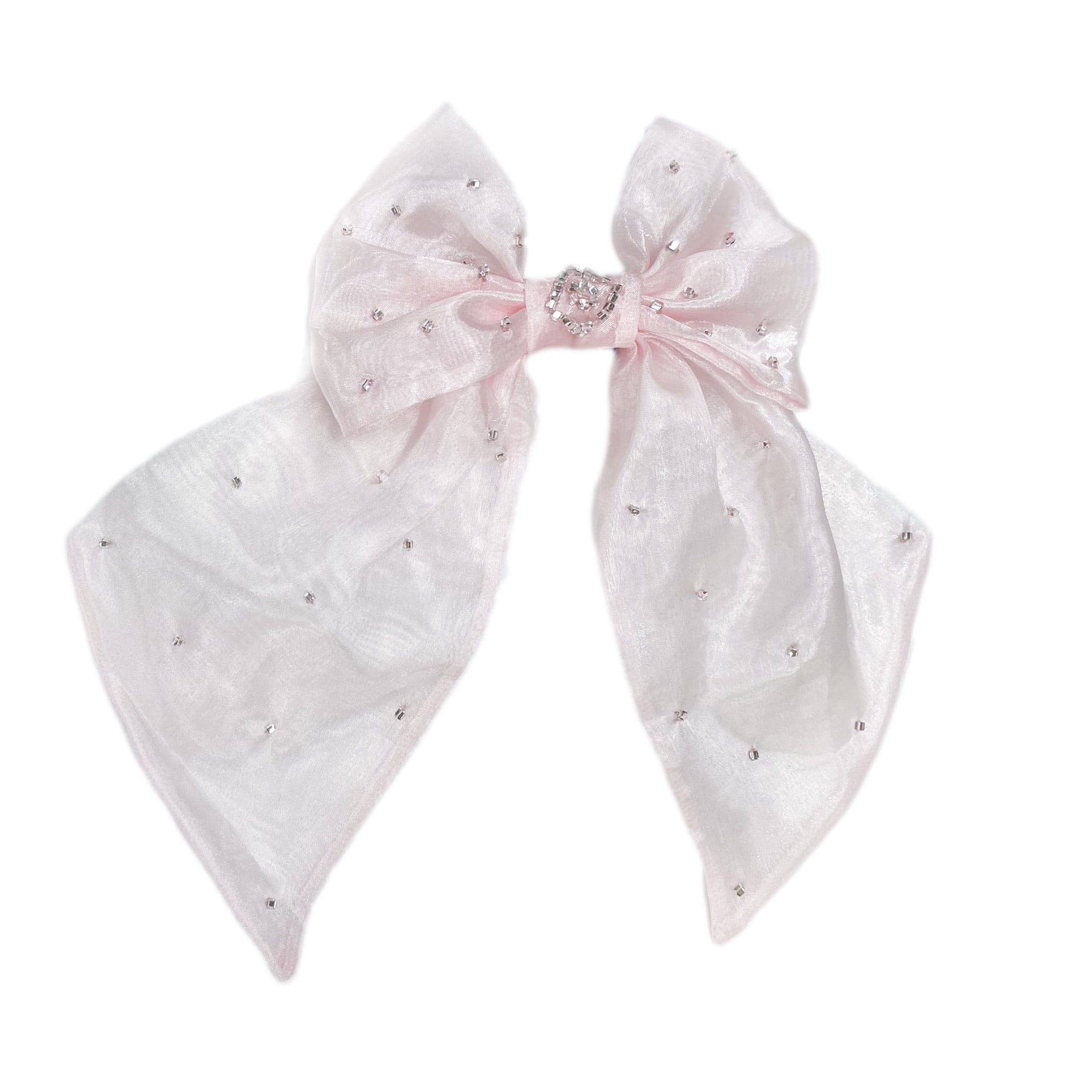 Juliette Pink Organza Hair Bow with oversized sheer tails, pearl embellishments, and rhinestone crown center detail.