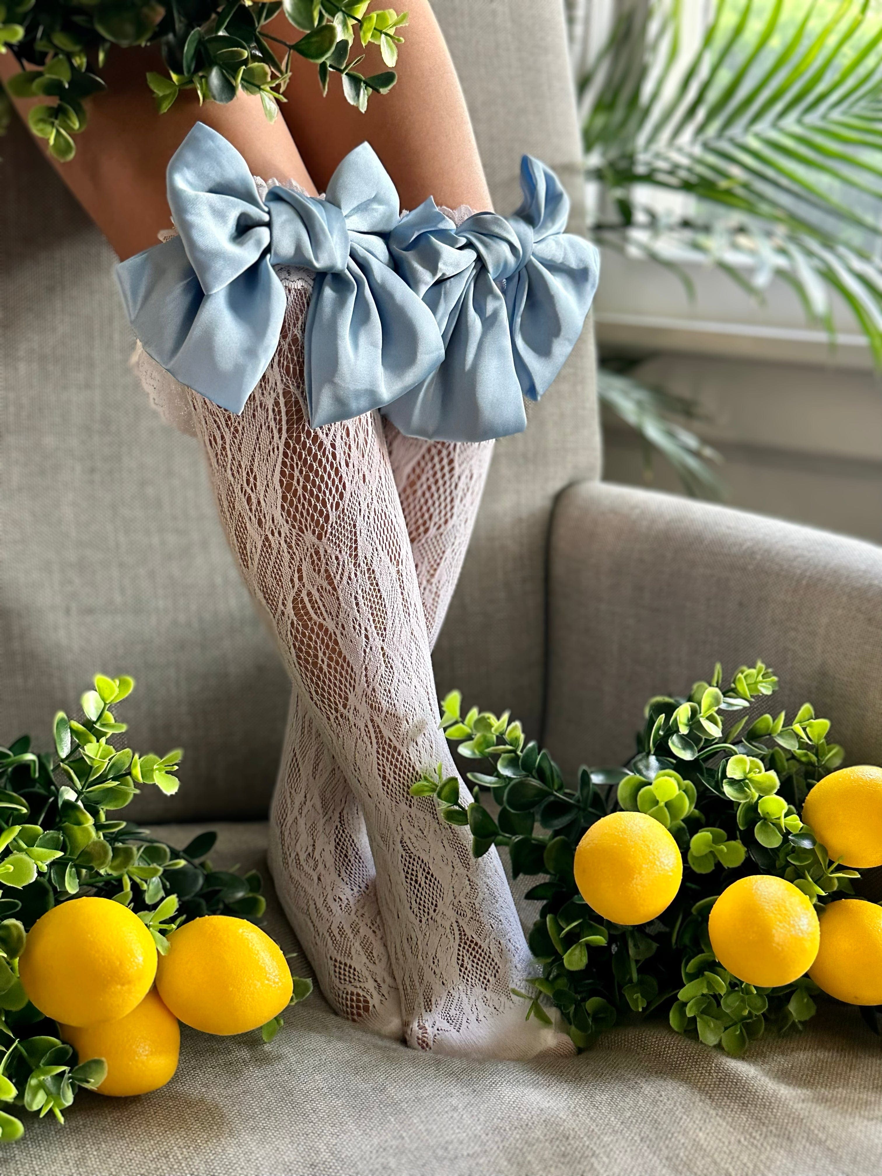 Lola Lace Socks with Blue Satin Bow - Petite Maison Kids