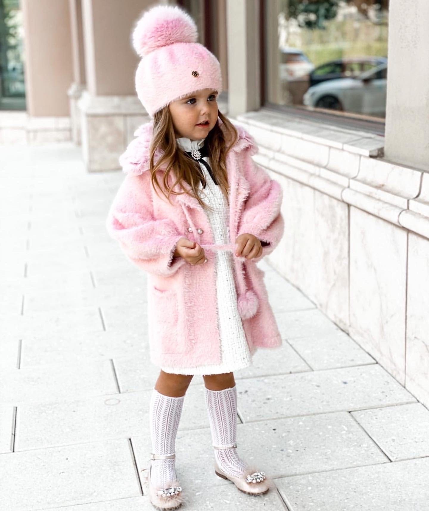 Milana Rose Beret styled with matching pink faux fur coat, cozy luxury children’s winter accessory.